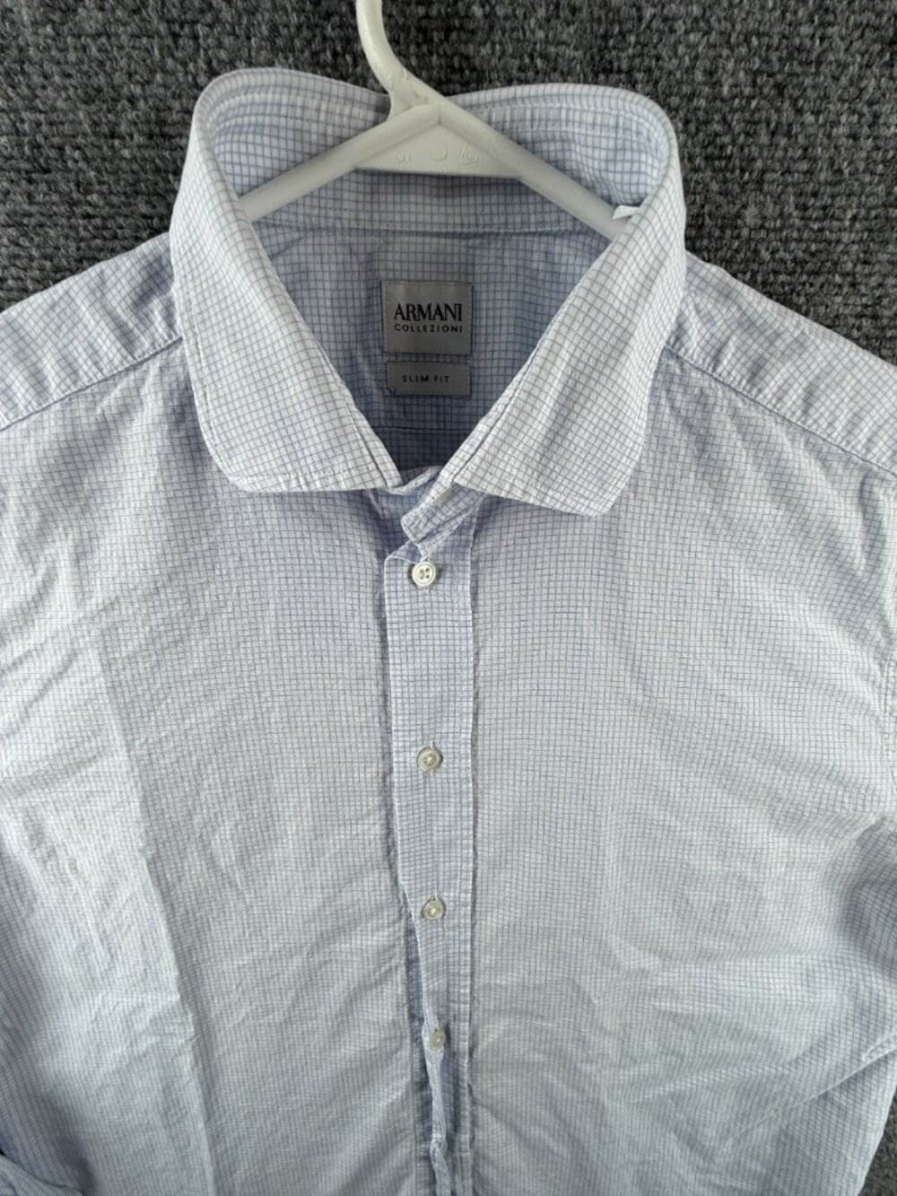 Armani Cotton Check 16 Blue Slim Designer Button Up Men Shirt Long Sleeve Spread